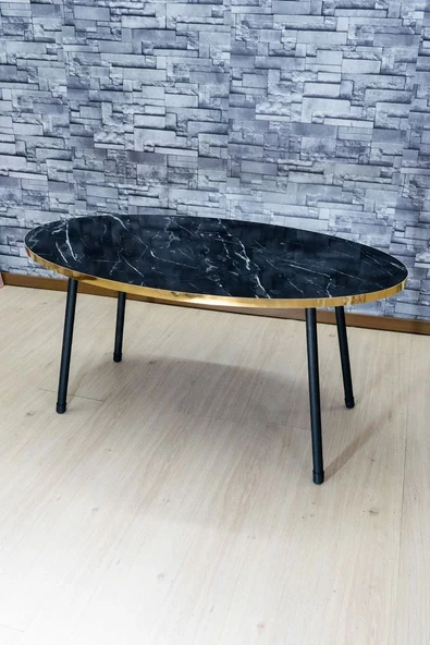 Zigon Sehpa Ve Orta Sehpa Elips Siyah Metal Ayak Altın Bendir Set ürün görseli 1