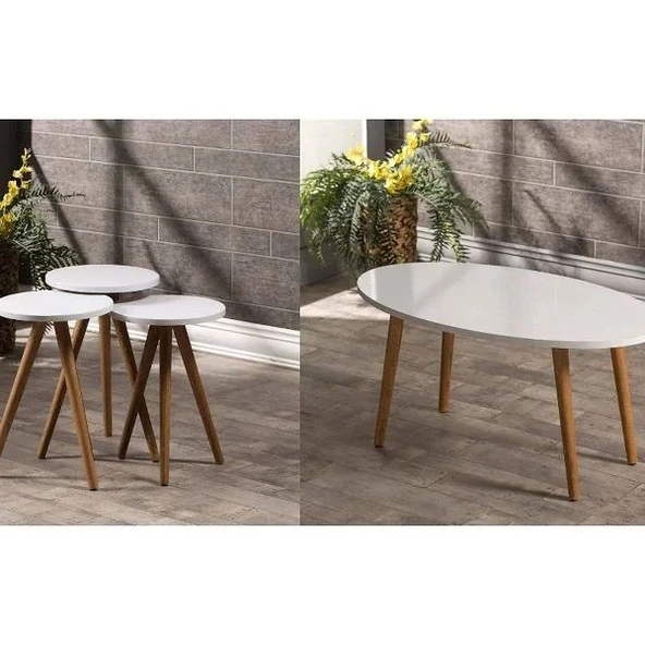Zigon Sehpa Ve Orta Sehpa Set Ahşap Torna Elips Beyaz ürün görseli 1