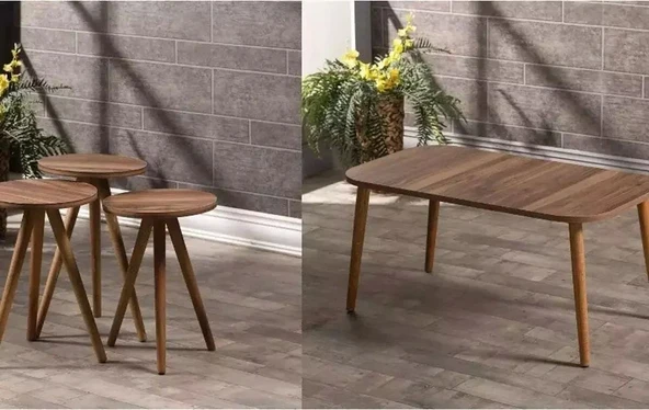 Zigon Sehpa Ve Orta Sehpa Set Ahşap Kr Torna Ceviz ürün görseli 1