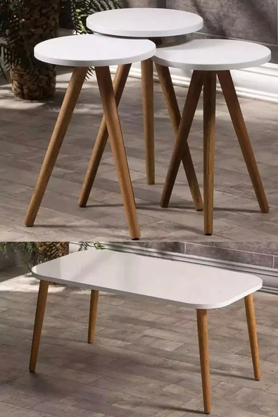 Zigon Sehpa Ve Orta Sehpa Set Ahşap Kr Torna Beyaz ürün görseli 1