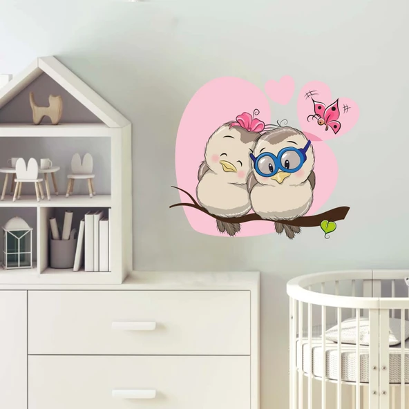 Sevimli Baykuşlar ve Kelebek Sticker - Resim 2