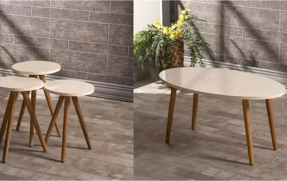 Zigon Sehpa Ve Orta Sehpa Set Ahşap Torna Elips Krem ürün görseli 1