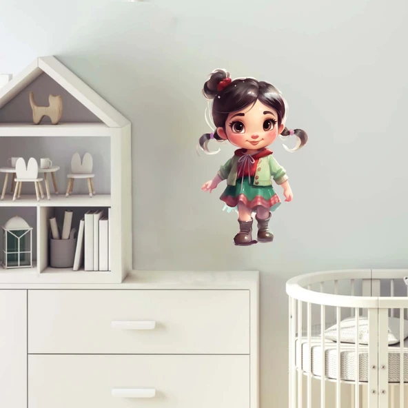 Çift Topuzlu Günlük Kız Çocuk Duvar Stickerı - Resim 2