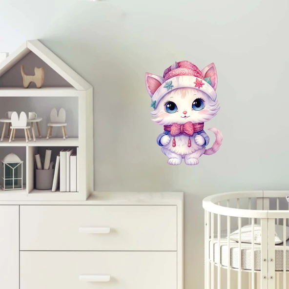 Kışlık Şapkalı Kedi Duvar Stickerı - Resim 2