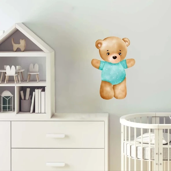 Mavi Tulumlu Ayakta Ayıcık Duvar Stickerı - Resim 2