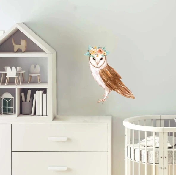 Çiçek Taçlı Baykuş Duvar Stickerı - Resim 2