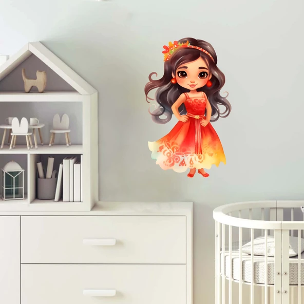 Turuncu Elbiseli Çiçek Prenses Duvar Stickerı - Resim 2