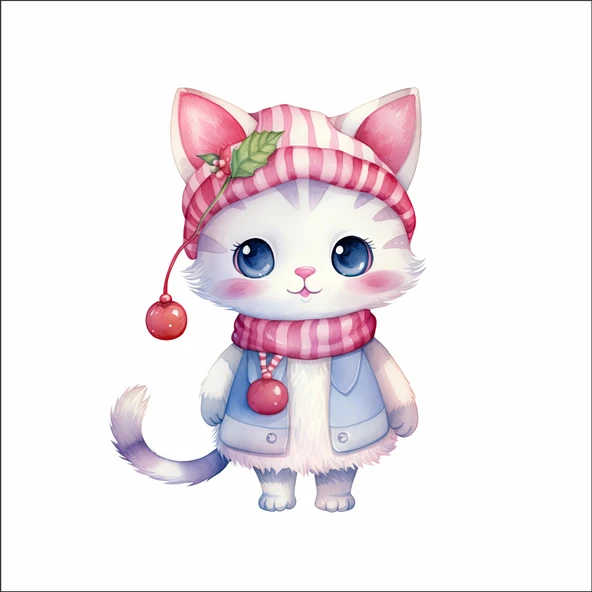 Kirazlı Bere Giyen Kedi Duvar Stickerı ürün görseli 1