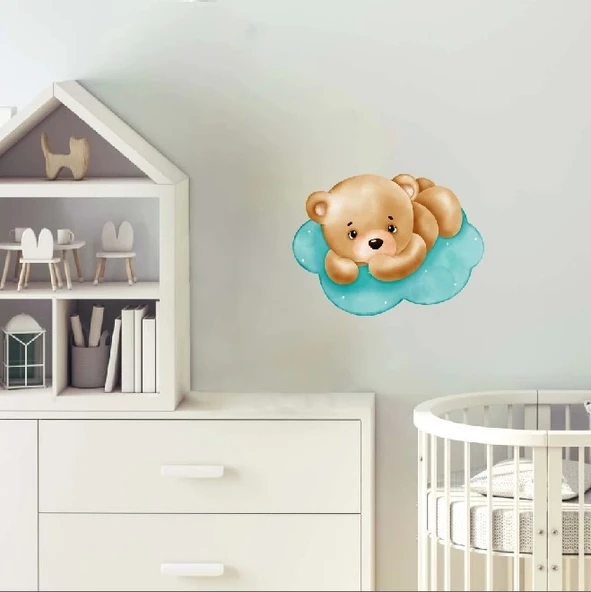 Mavi Bulut Üzerinde Yatan Ayıcık Duvar Stickerı - Resim 2