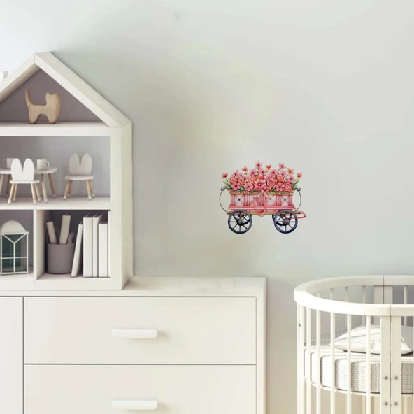 Pembe Çiçekli ve Mavi Tekerlekli El Arabası Duvar Sticker'ı ürün görseli 1