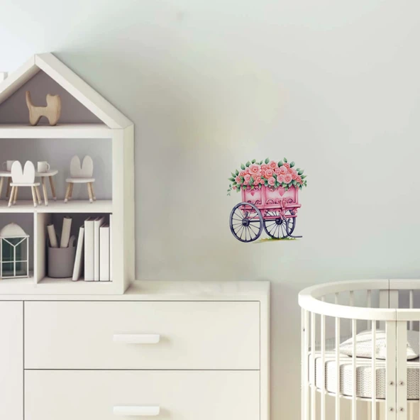 Gül Demetli Pembe El Arabası Duvar Sticker'ı ürün görseli 1