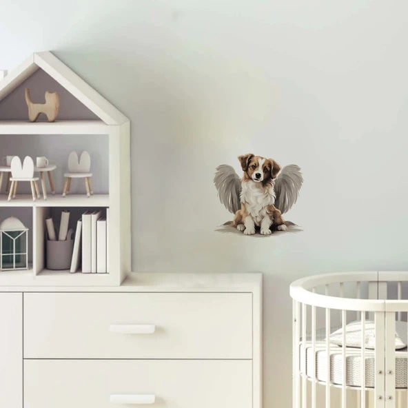 Oturan Kanatlı Kahverengi-Beyaz Köpek Yavrusu Duvar Stickerı ürün görseli 1