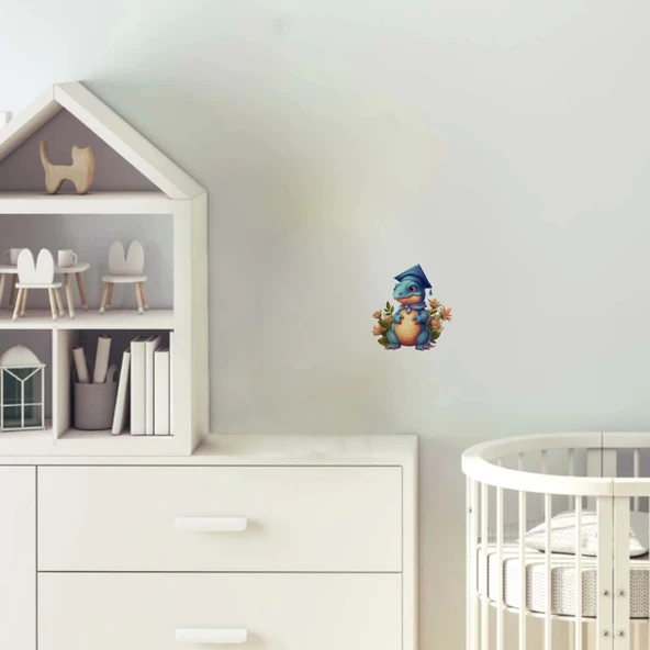 Mezuniyet Şapkalı Mavi Dinozor ve Çiçekler Duvar Sticker'ı ürün görseli 1
