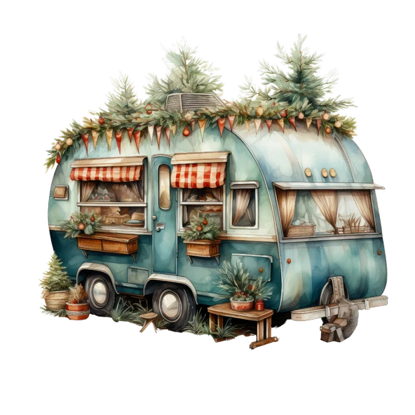 Kırmızı Tavanlı Çam Ağaçlı Karavan Stickerı - Resim 2