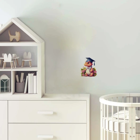 Mezuniyet Şapkalı Kırmızı Dinozor ve Pembe Güller Duvar Sticker'ı ürün görseli 1