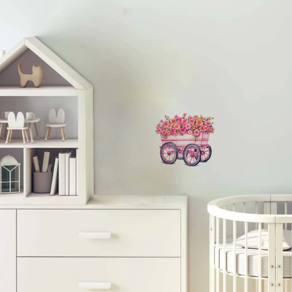 Açık Pembe Çiçekli ve Pembe Tekerlekli El Arabası Duvar Sticker'ı ürün görseli 1