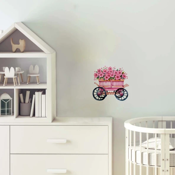 Çiçekli Pembe El Arabası Duvar Sticker'ı (Siyah Tekerlekli) ürün görseli 1