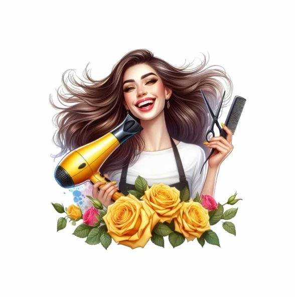 Sarı Güllü Makas ve Fön Tutan Kuaför Kız Duvar Stickerı ürün görseli 1