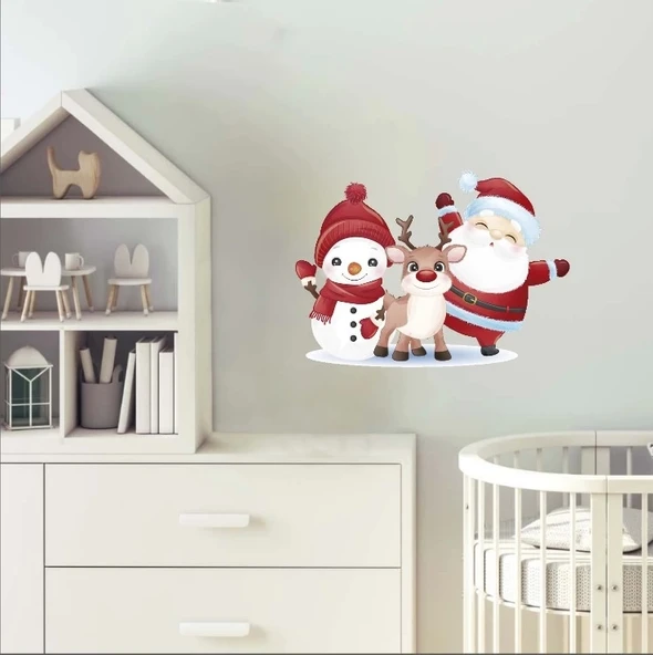 Noel Baba Geyik ve Kardan Adam Duvar Sticker - Resim 2