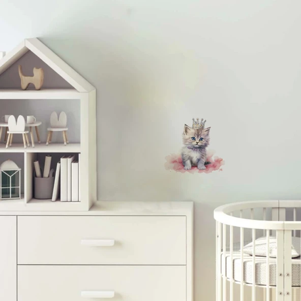 Taçlı Kedi ve Pembe Bulut Duvar Stickerı ürün görseli 1