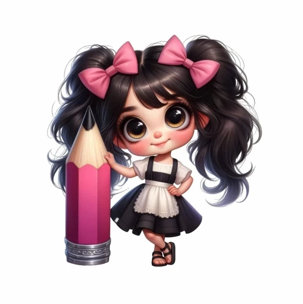 Pembe Kurdeleli Kız ve Pembe Kalem Duvar Stickerı ürün görseli 1