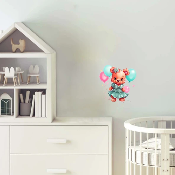 Elbiseli ve Balonlu Kız Ayıcık Duvar Stickerı ürün görseli 1
