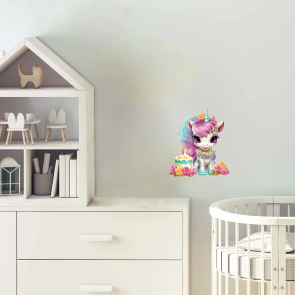 Pembe Yeleli Çiçekli ve Pastalı Unicorn Duvar Sticker'ı ürün görseli 1