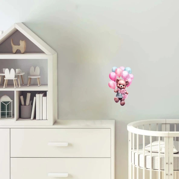 Balonlu ve Çiçekli Kız Ayıcık Duvar Stickerı ürün görseli 1