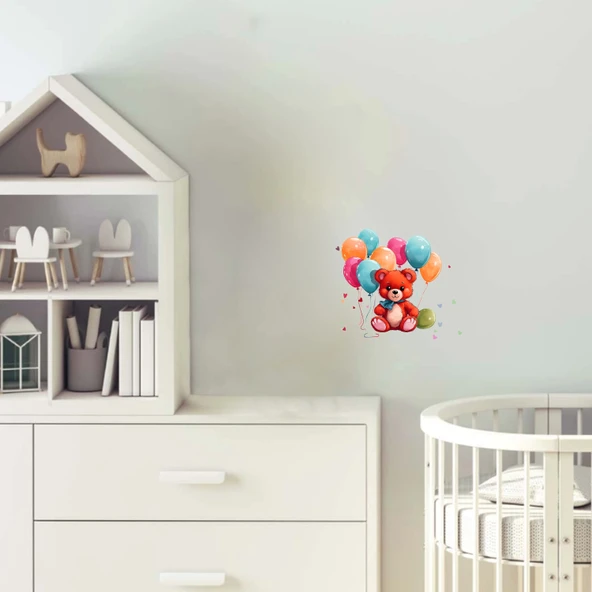 Renkli Balonlu Kırmızı Ayıcık Duvar Stickerı ürün görseli 1