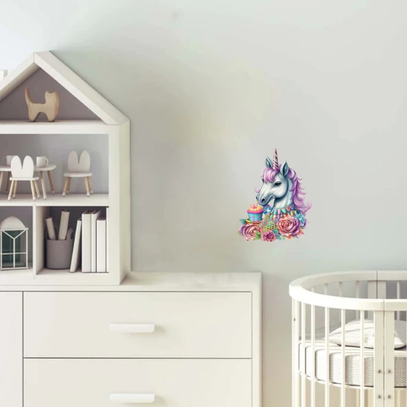 Çiçekli ve Cupcakeli Unicorn Kafası Duvar Sticker'ı ürün görseli 1