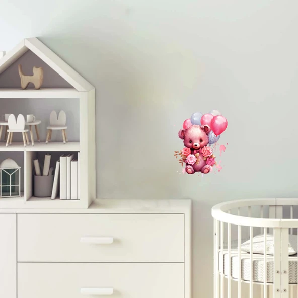 Pembe Güllü ve Balonlu Kız Ayıcık Duvar Stickerı ürün görseli 1