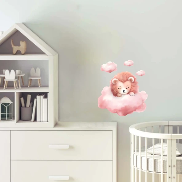 Pembe Bulutlar Arasında Uyuyan Pembe Yeleli Sevimli Aslan Yavrusu Duvar Çıkartması ürün görseli 1