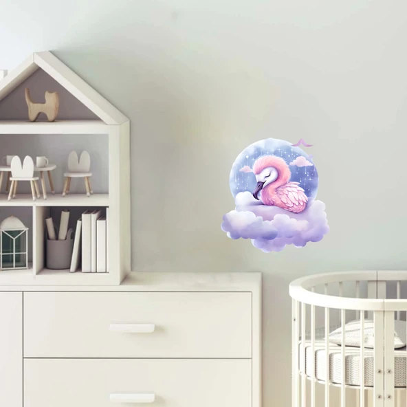 Yıldızlı ve Bulutlu Küre İçinde Uyuyan Pembe Flamingo Duvar Çıkartması ürün görseli 1