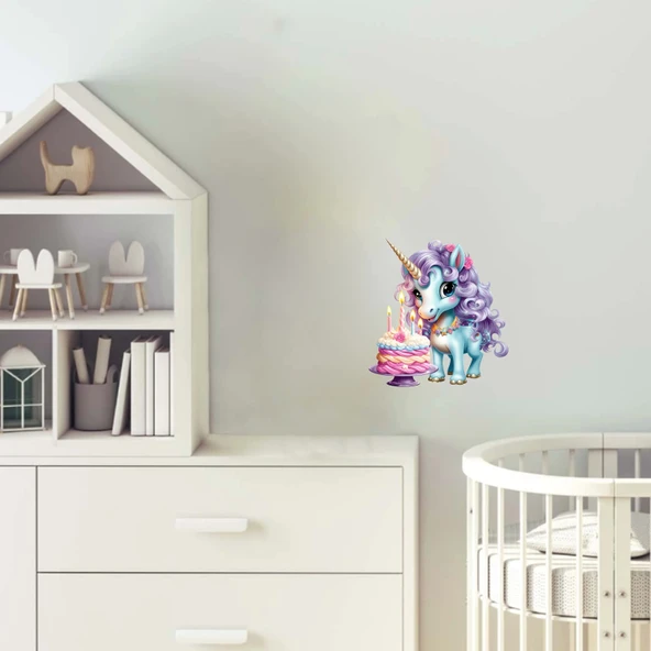 Mor Yeleli Doğum Günü Pastalı Unicorn Duvar Sticker'ı ürün görseli 1
