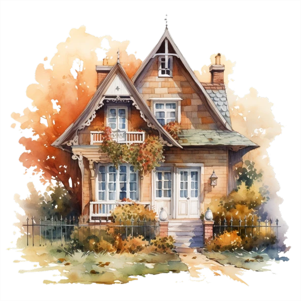 Detaylı Sonbahar Köy Evi Duvar Stickerı - Resim 2