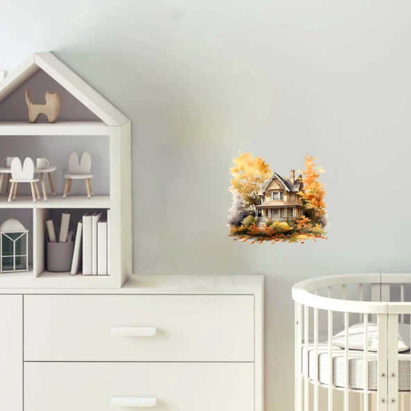 Altın Sarısı Ağaçlı Sonbahar Evi Duvar Stickerı ürün görseli 1