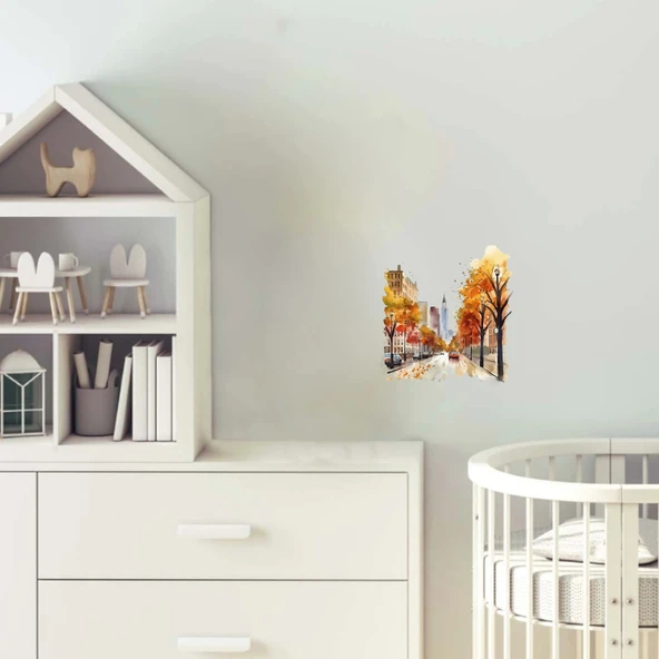 Sonbahar Ağaçlı Şehir Sokağı Duvar Stickerı ürün görseli 1