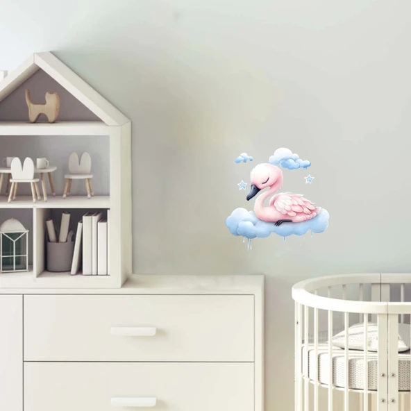 Yıldızlı Mavi Bulut Üzerinde Uyuyan Pembe Flamingo Duvar Çıkartması ürün görseli 1