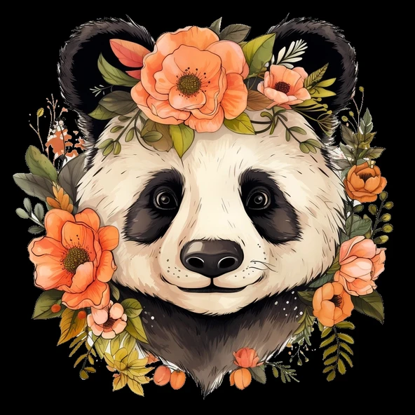Turuncu Çiçek Taçlı Panda Duvar Stickerı - Resim 2