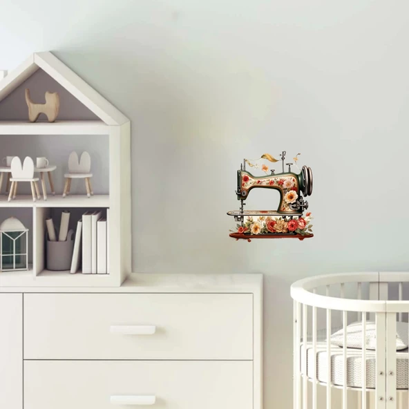 Çiçekli Dikiş Makinesi Duvar Stickerı ürün görseli 1