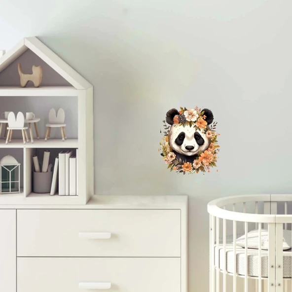 Turuncu Tonlarında Çiçek Taçlı Panda Duvar Stickerı ürün görseli 1