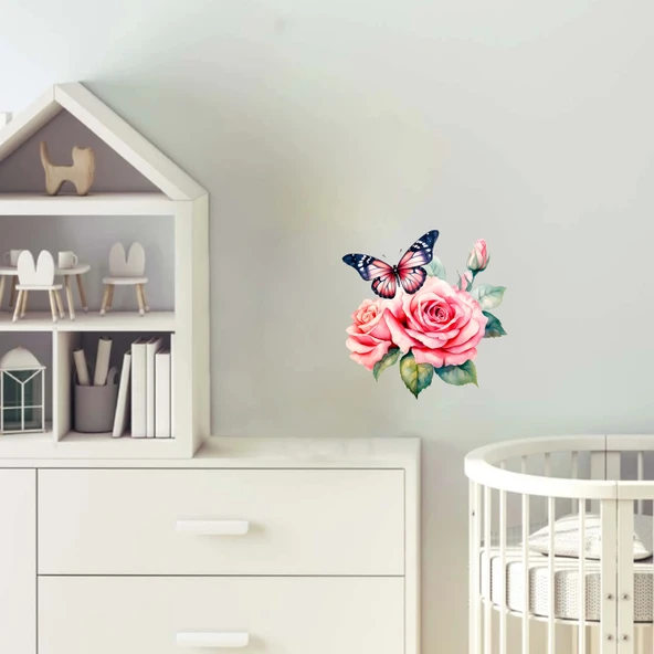 Çiçekli İki Kelebek Duvar Stickerı ürün görseli 1