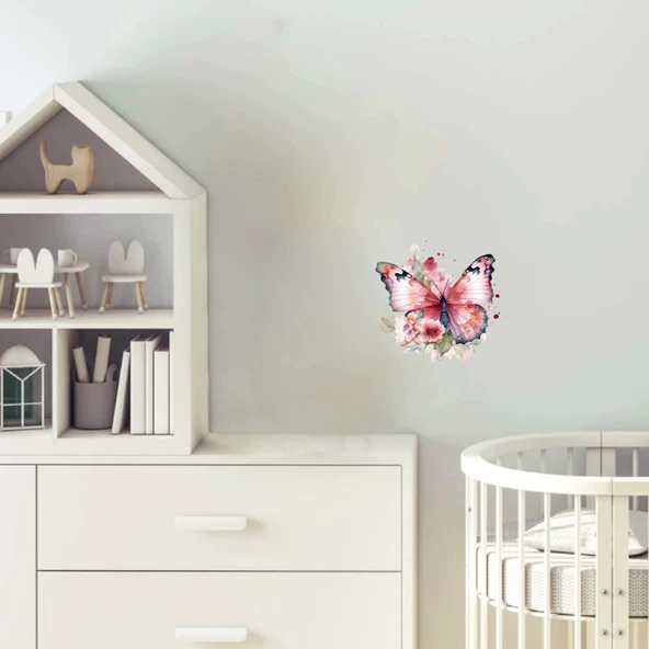 Kırmızımsı Pembe Kelebek ve Çiçekler Duvar Stickerı ürün görseli 1