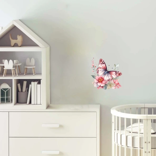 Parlak Pembe Kelebek ve Çiçekler Duvar Stickerı ürün görseli 1