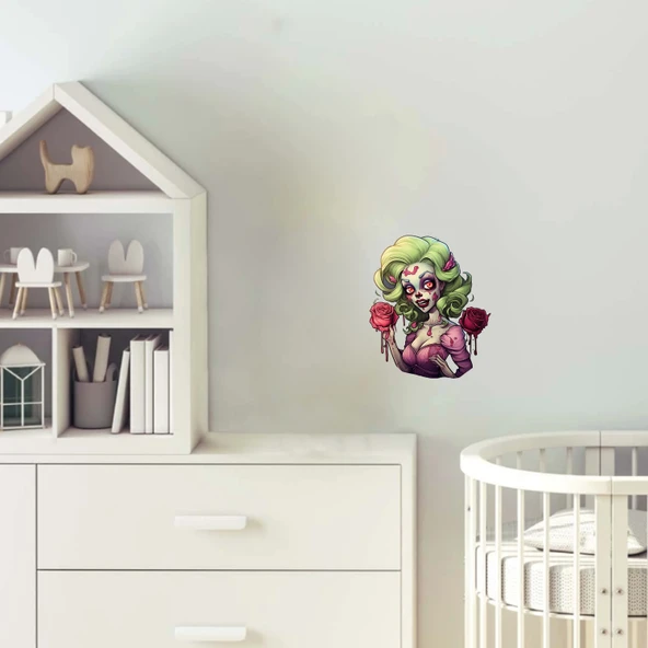 Yeşil Saçlı Pembe Güllü Zombi Kız Duvar Stickerı ürün görseli 1