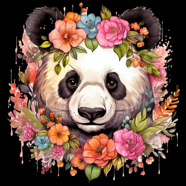 Renkli Çiçek Taçlı Panda Duvar Stickerı - Resim 2
