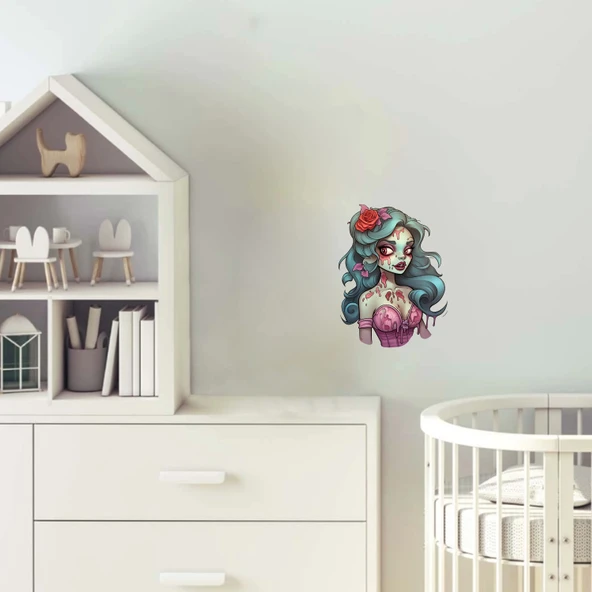 Pembe Korseli Mavi Saçlı Zombi Kız Duvar Stickerı ürün görseli 1