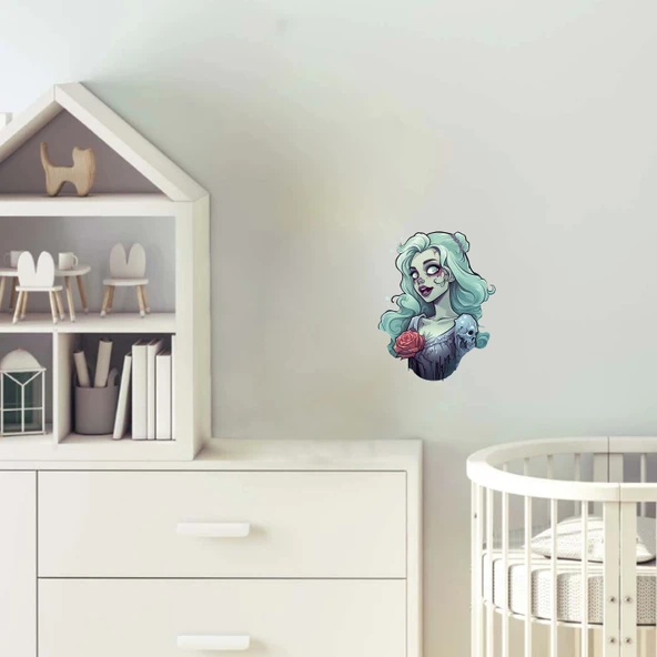 Soluk Tenli Gül ve Kafataslı Zombi Kız Duvar Stickerı ürün görseli 1