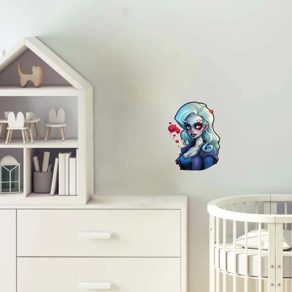 Mavi Saçlı Kan Damlalı Zombi Kız Duvar Stickerı ürün görseli 1