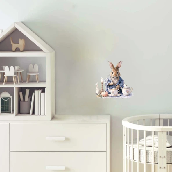 Çay Saatinde Tavşan Duvar Stickerı - Mavi Ceketli, Şamdanlı ürün görseli 1
